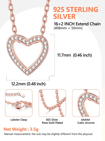 Dainty Cubic Zirconia Necklace for Women Heart Shape Pendant Sterling Silver Jewelry Gifts, Rose Golden