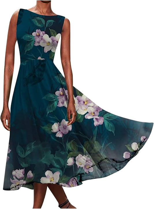 Summer Vintage Beach Dress Sleeveless Flowy Swing Sundress Floral Print Long Dresses